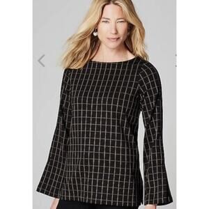 J.Jill Black And Camel Windowpane Ponte Knit Button Sleeve Blouse Large Petite